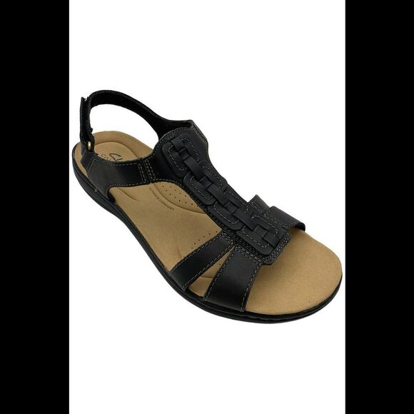 Clarks Laurieann Arla platte damessandaal, zwart leer, 8 smal, zwart leer, 8 smal